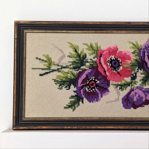Framed Vintage Floral Needle Point - Picture 2 of 6